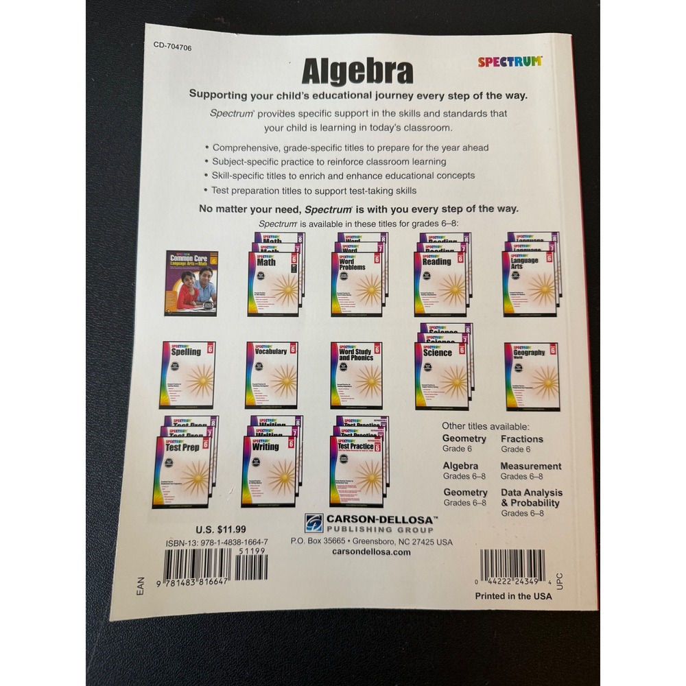 Spectrum Algebra Workbook Grades 6-8 Middle School Math Practice - Picture 2 of 2